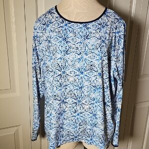 Lands' End Floral Blue and White Top With Long Sleeves. Size 1X.